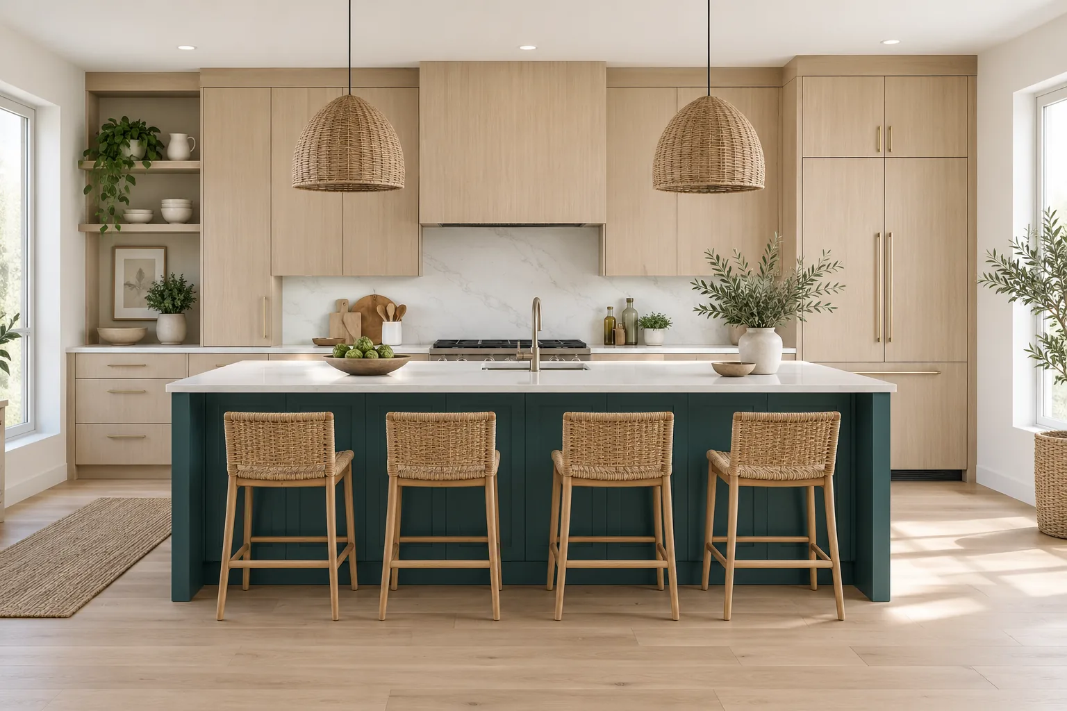 Teal kitchen island with pale oak cabinets, a white counter and woven stools