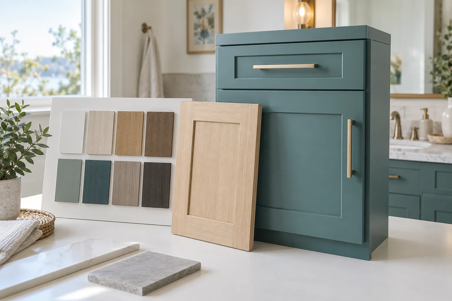Teal bathroom vanity cabinet with a light oak front and finish samples