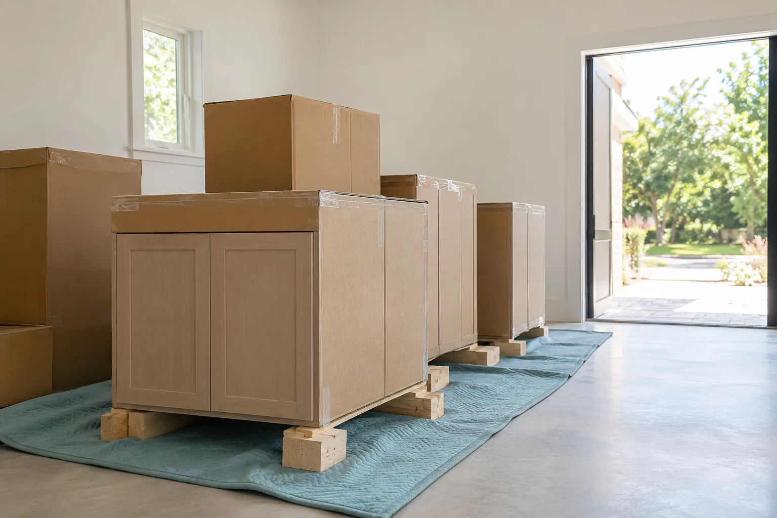 Wooden cabinet crates raised on timber beside a clear entry and teal blanket